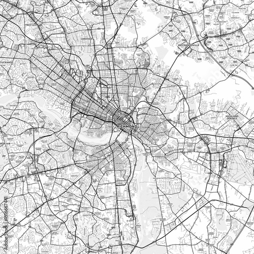 Richmond Area Map with Labels and Neighborhoods - One color, minimalistic design