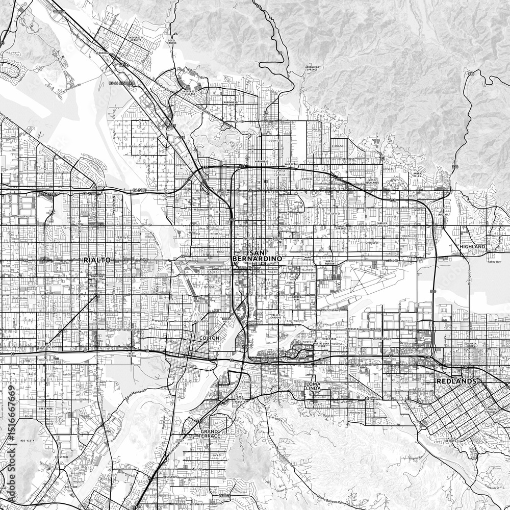 Fototapeta premium San Bernardino Area Map with Labels and Neighborhoods - One color, minimalistic design