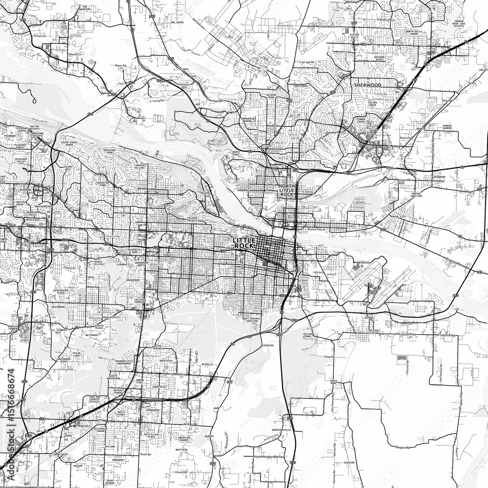 Naklejka premium Little Rock Area Map with Labels and Neighborhoods - One color, minimalistic design