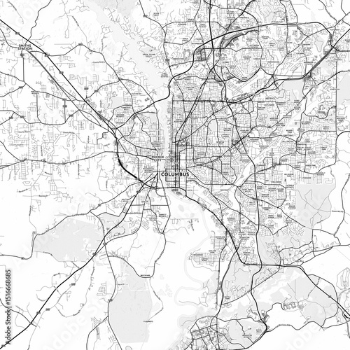 Columbus Area Map with Labels and Neighborhoods - One color, minimalistic design