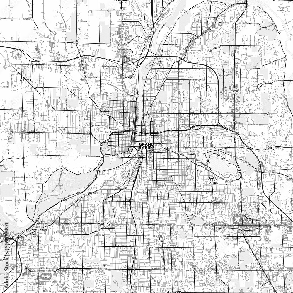 Naklejka premium Grand Rapids Area Map with Labels and Neighborhoods - One color, minimalistic design