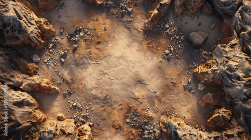 Fantasy top-down map, rocky pit in desert, abandoned with surrounding rocky terrain design.