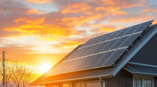 a modern house with sleek black solar panels on its angled roof is backlit by the soft orange and pink hues of a stunning sunset, creating a beautiful silhouette against the colorful sky.