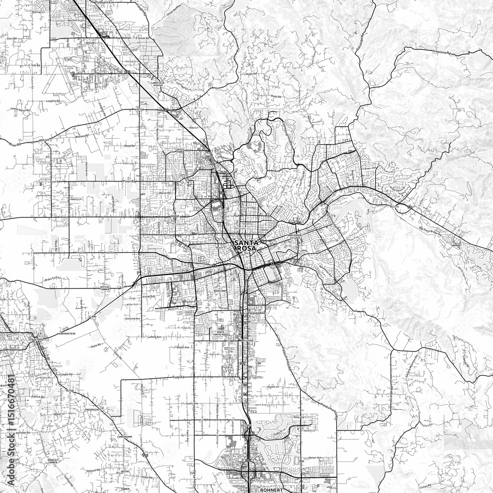 Fototapeta premium Santa Rosa Area Map with Labels and Neighborhoods - One color, minimalistic design