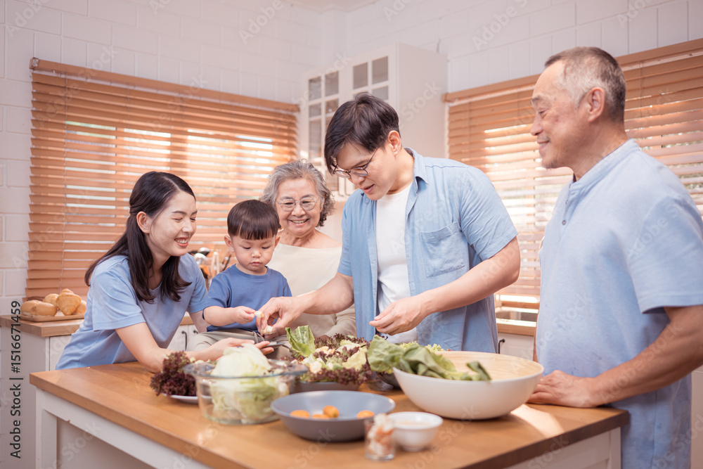 Happy Asian family preparing food together in a bright kitchen, Happy Asian family preparing food together in a bright kitchen,