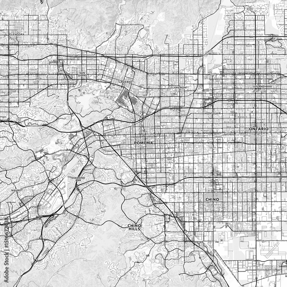 Obraz premium Pomona Area Map with Labels and Neighborhoods - One color, minimalistic design