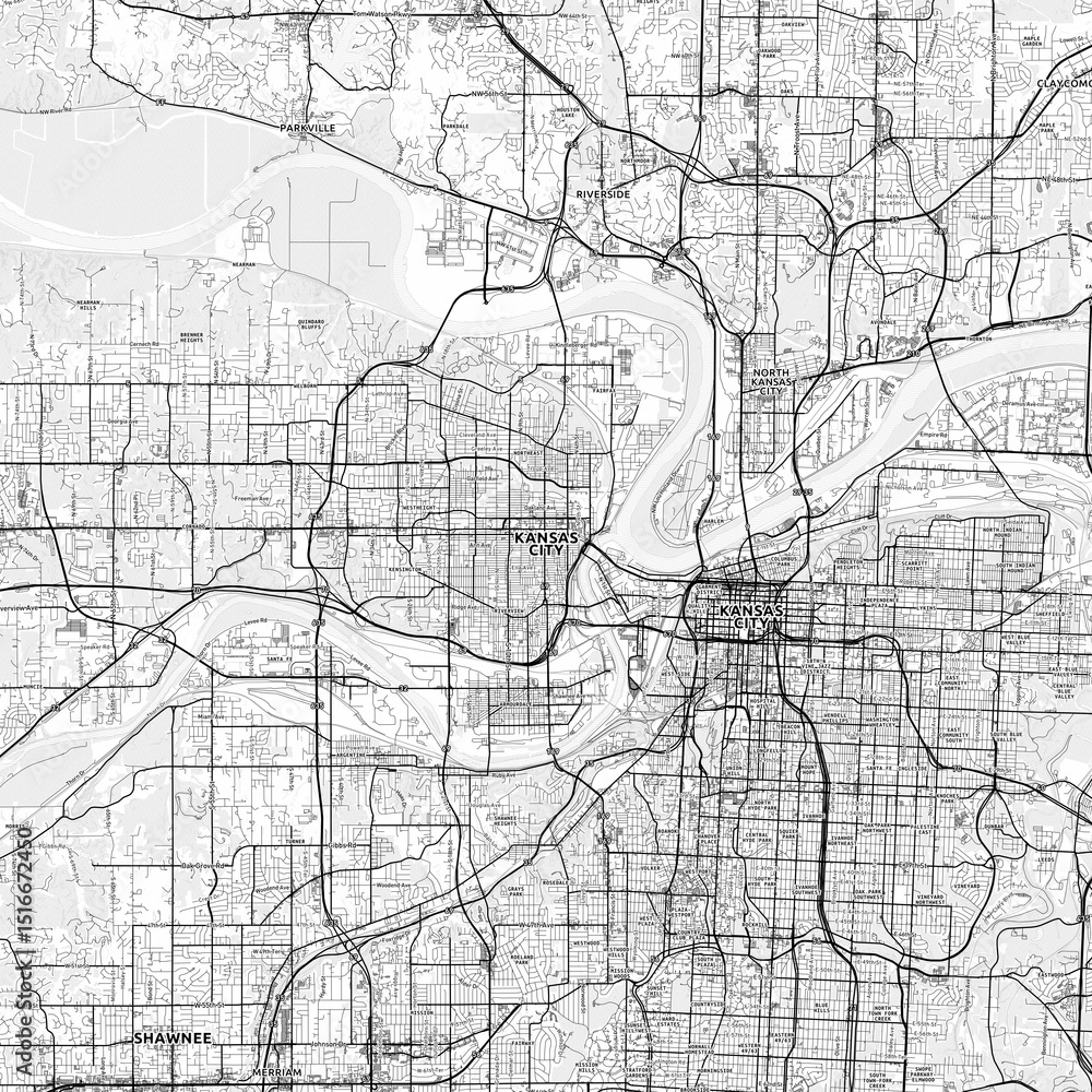 Naklejka premium Kansas City Area Map with Labels and Neighborhoods - One color, minimalistic design