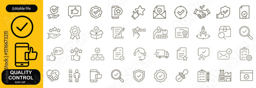 Quality control set of web icons in line style. Quality Check computing icons for web and mobile app. Containing inspection, evaluation, production, quality assurance, certificate, testing and more