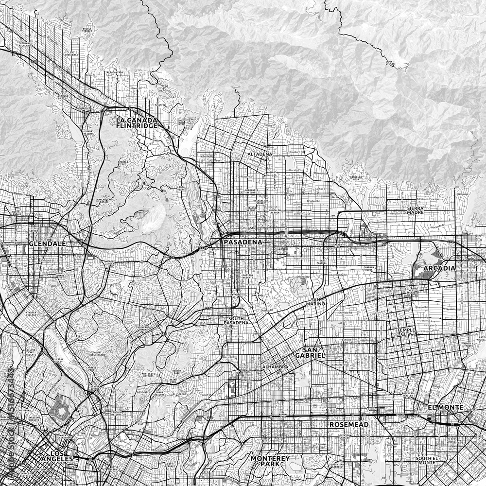 Naklejka premium Pasadena Area Map with Labels and Neighborhoods - One color, minimalistic design