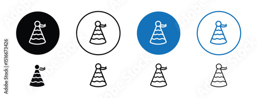 Set of colored pixel perfect Party hat icon with 1 unexpanded, 1 silhouette, Cone-shaped party hat icon representing celebration or birthdays.