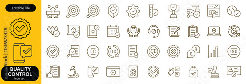 Quality control set of web icons in line style. Quality Check computing icons for web and mobile app. Containing inspection, evaluation, production, quality assurance, certificate, testing and more