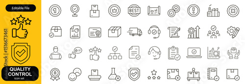 Quality control set of web icons in line style. Quality Check computing icons for web and mobile app. Containing inspection, evaluation, production, quality assurance, certificate, testing and more