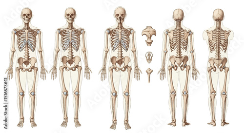 human skeleton front and back anatomy with bone details illustration
