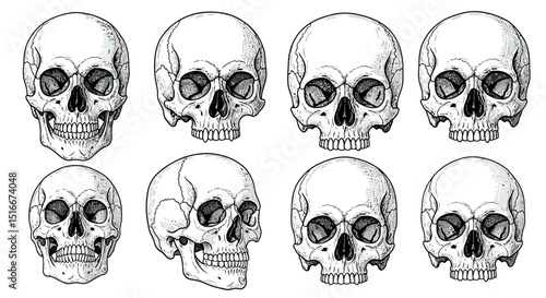 Human skull illustration set with various frontal and side views

