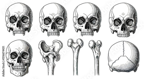 Human skull and femur bone illustrations in vintage style
