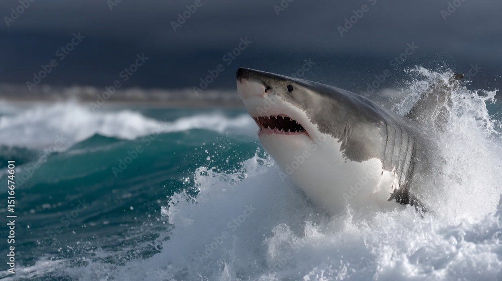 Fototapeta premium Great white shark leaping out of the ocean (1)
