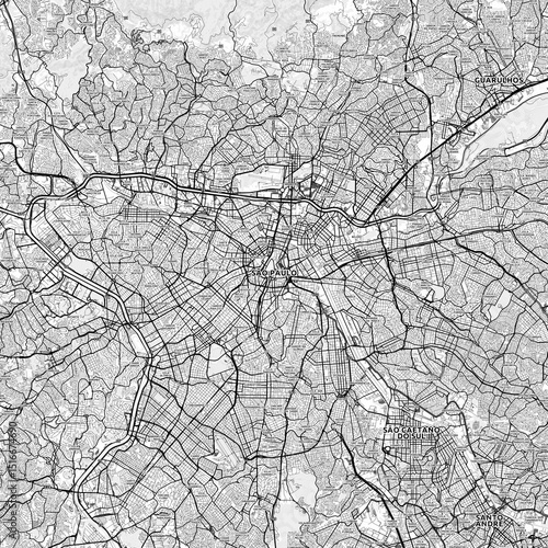 Sao Paulo Area Map with Labels and Neighborhoods - One color, minimalistic design