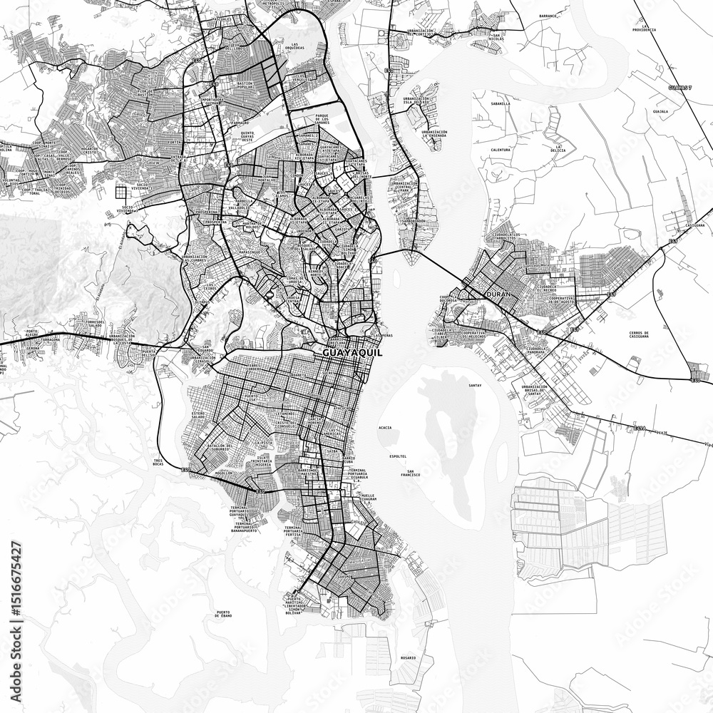 Fototapeta premium Guayaquil Area Map with Labels and Neighborhoods - One color, minimalistic design