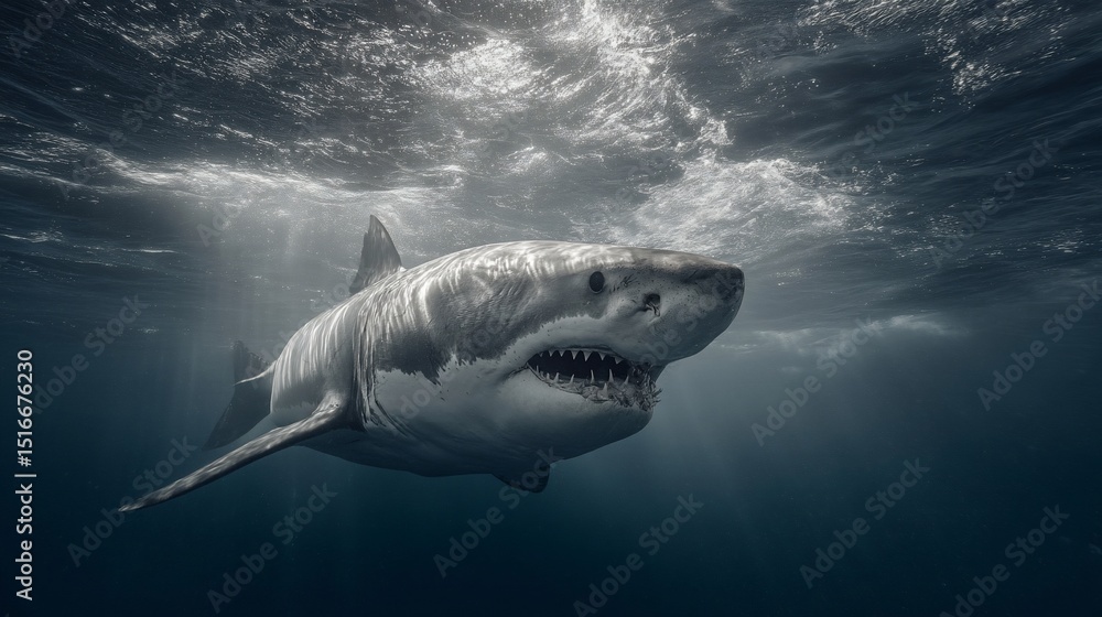 Fototapeta premium Great white shark, powerful predator in deep blue