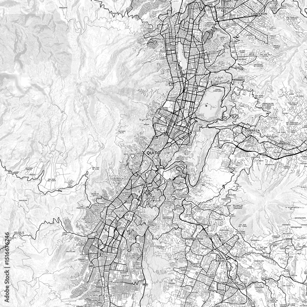 Fototapeta premium Quito Area Map with Labels and Neighborhoods - One color, minimalistic design
