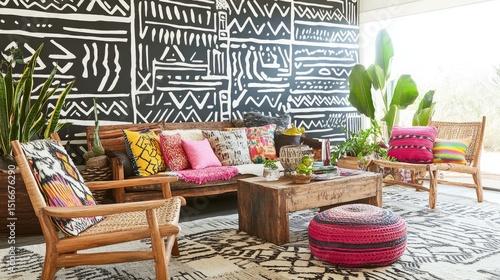 A living room with a bold patterned wall and colorful furniture.