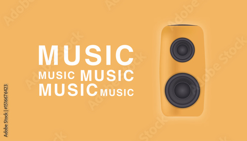 Realistic wooden subwoofer front view with music text on matching wood background
