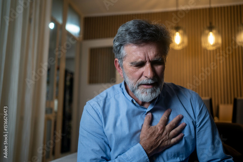 Billede på lærred Mature man experiencing chest pain and breathing difficulty in the evening, sitt