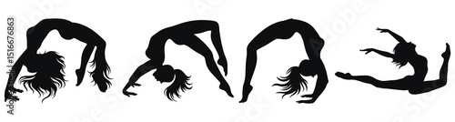 Set of Female Gymnast Silhouettes in Various Flexible Poses On White Background
