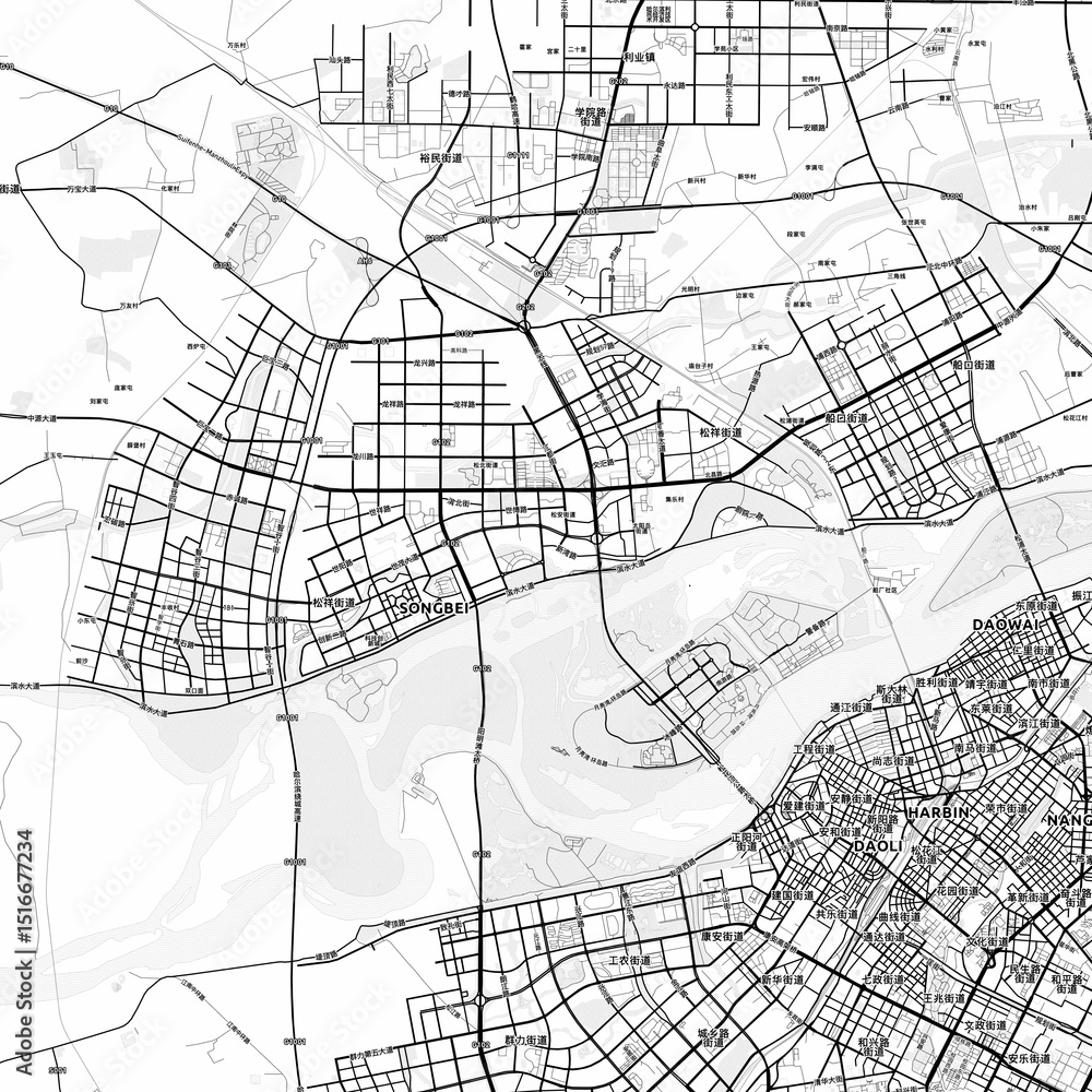 Naklejka premium Harbin Area Map with Labels and Neighborhoods - One color, minimalistic design