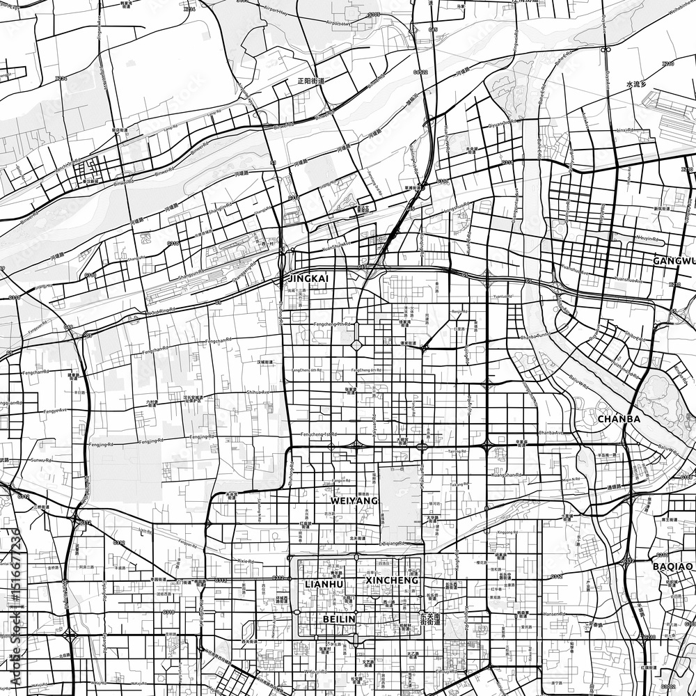 Naklejka premium Xi an Area Map with Labels and Neighborhoods - One color, minimalistic design