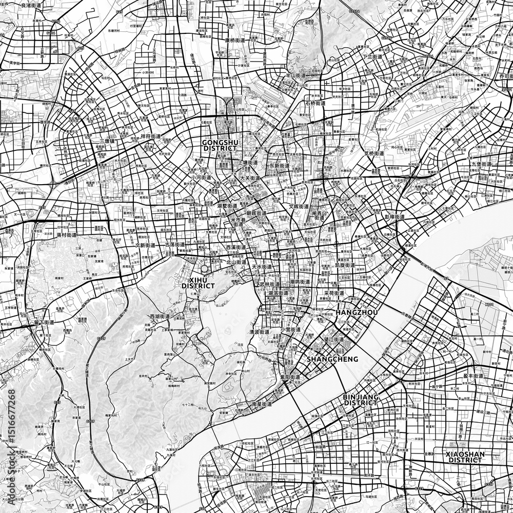 Fototapeta premium Hangzhou Area Map with Labels and Neighborhoods - One color, minimalistic design
