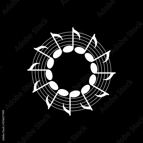 Circle Shape Created by Musical Notation Icon Symbol, can use for Logo, Pictogram, Emblem, Musical Illustration, Decoration, Ornate, Cover, Framework or Graphic Design Element. Vector