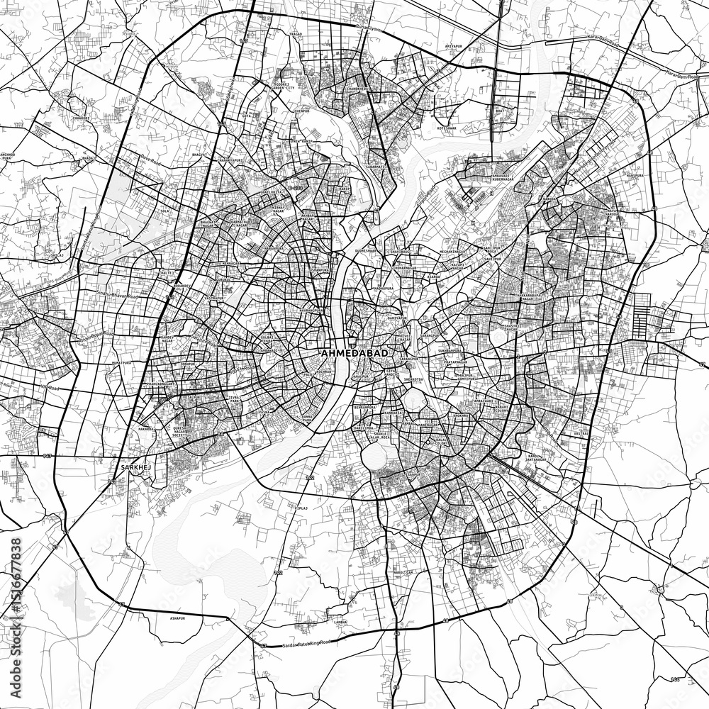 Naklejka premium Ahmedabad Area Map with Labels and Neighborhoods - One color, minimalistic design
