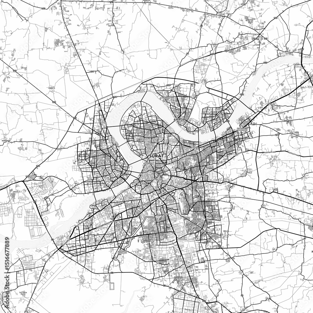 Naklejka premium Surat Area Map with Labels and Neighborhoods - One color, minimalistic design