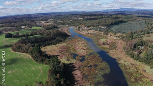 Aerial View of Meandering River and Wetlands in Southern Chile