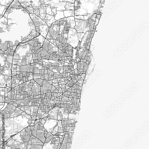 Chennai Area Map with Labels and Neighborhoods - One color, minimalistic design