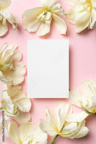 Wallpaper Mural Blank wedding invitation card mockup with copy space, flat lay with beautiful white tulips flowers decor on pink background, top view Torontodigital.ca