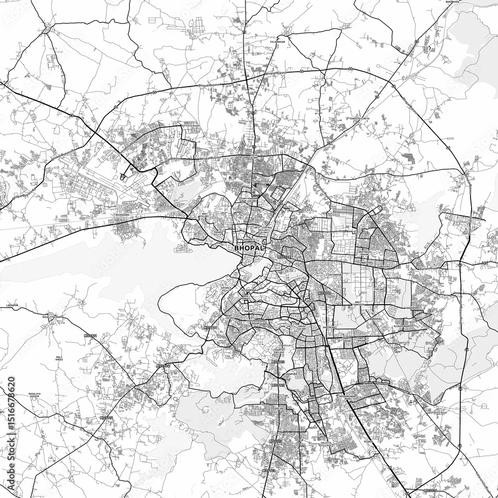 Fototapeta premium Bhopal Area Map with Labels and Neighborhoods - One color, minimalistic design