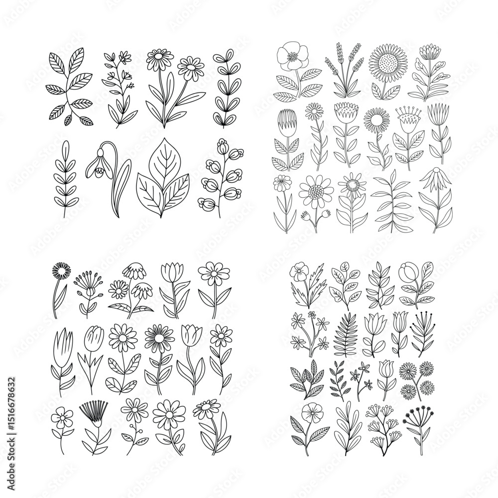 custom made wallpaper toronto digitalHand-drawn Floral Line Art Set