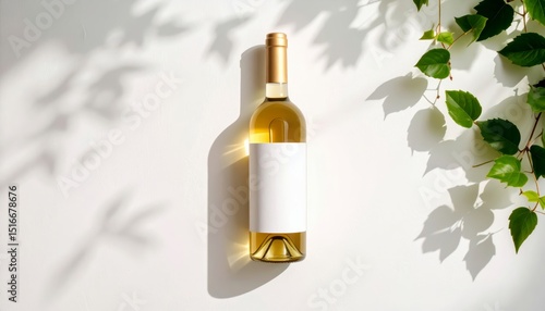 White wine bottle with blank label on white wall under sunlight with green leaves