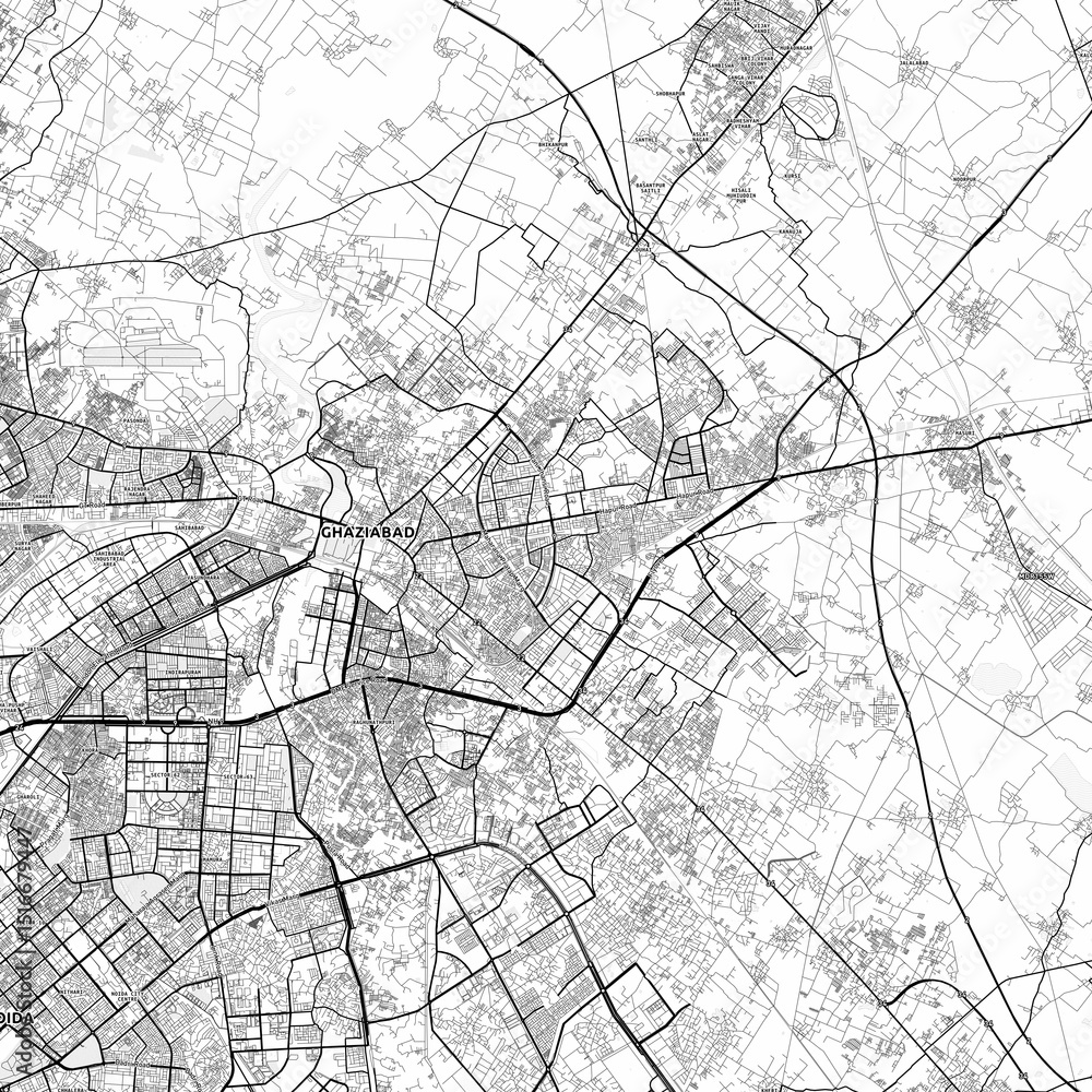 Fototapeta premium Ghaziabad Area Map with Labels and Neighborhoods - One color, minimalistic design