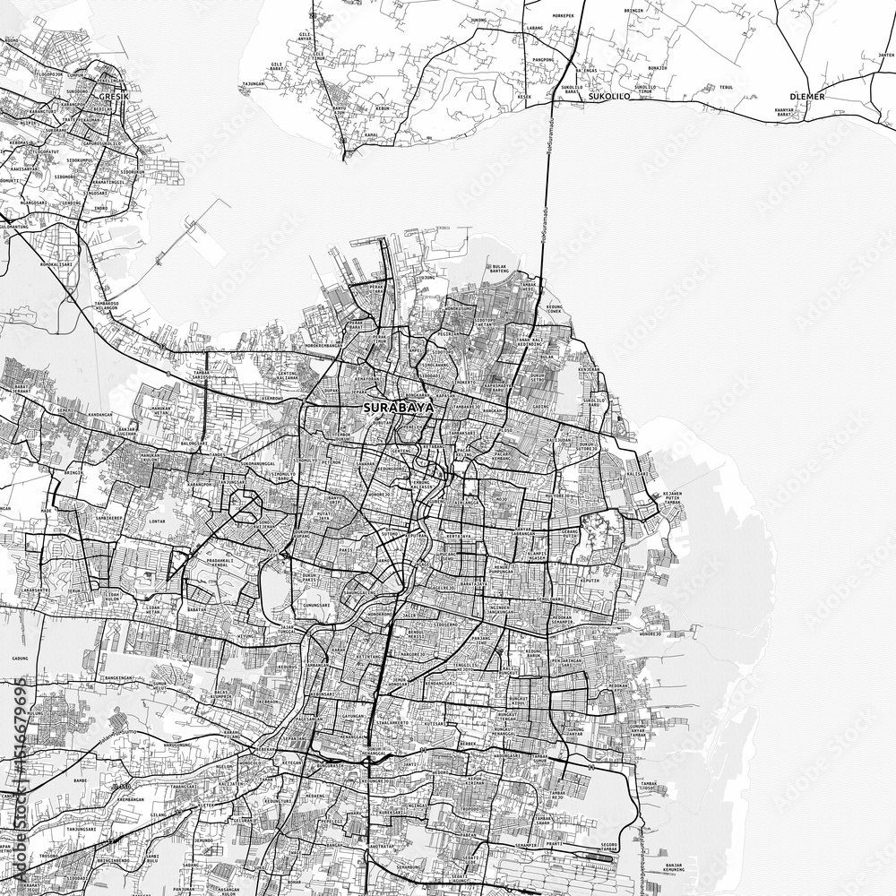 Fototapeta premium Surabaya Area Map with Labels and Neighborhoods - One color, minimalistic design