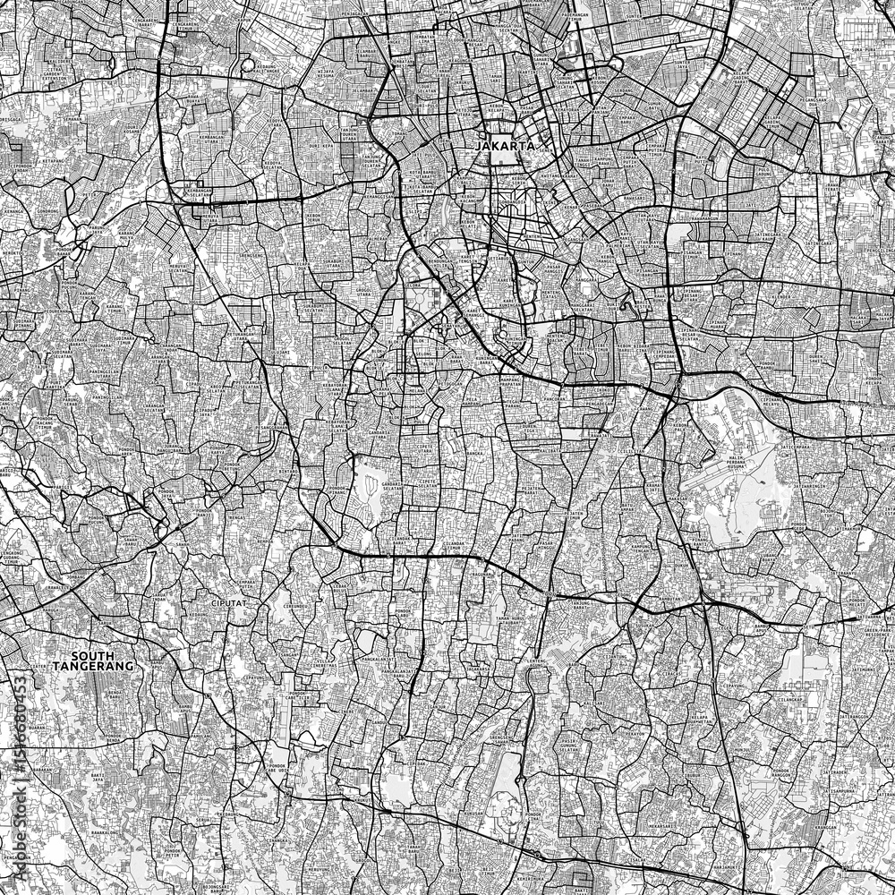 Fototapeta premium South Jakarta Area Map with Labels and Neighborhoods - One color, minimalistic design