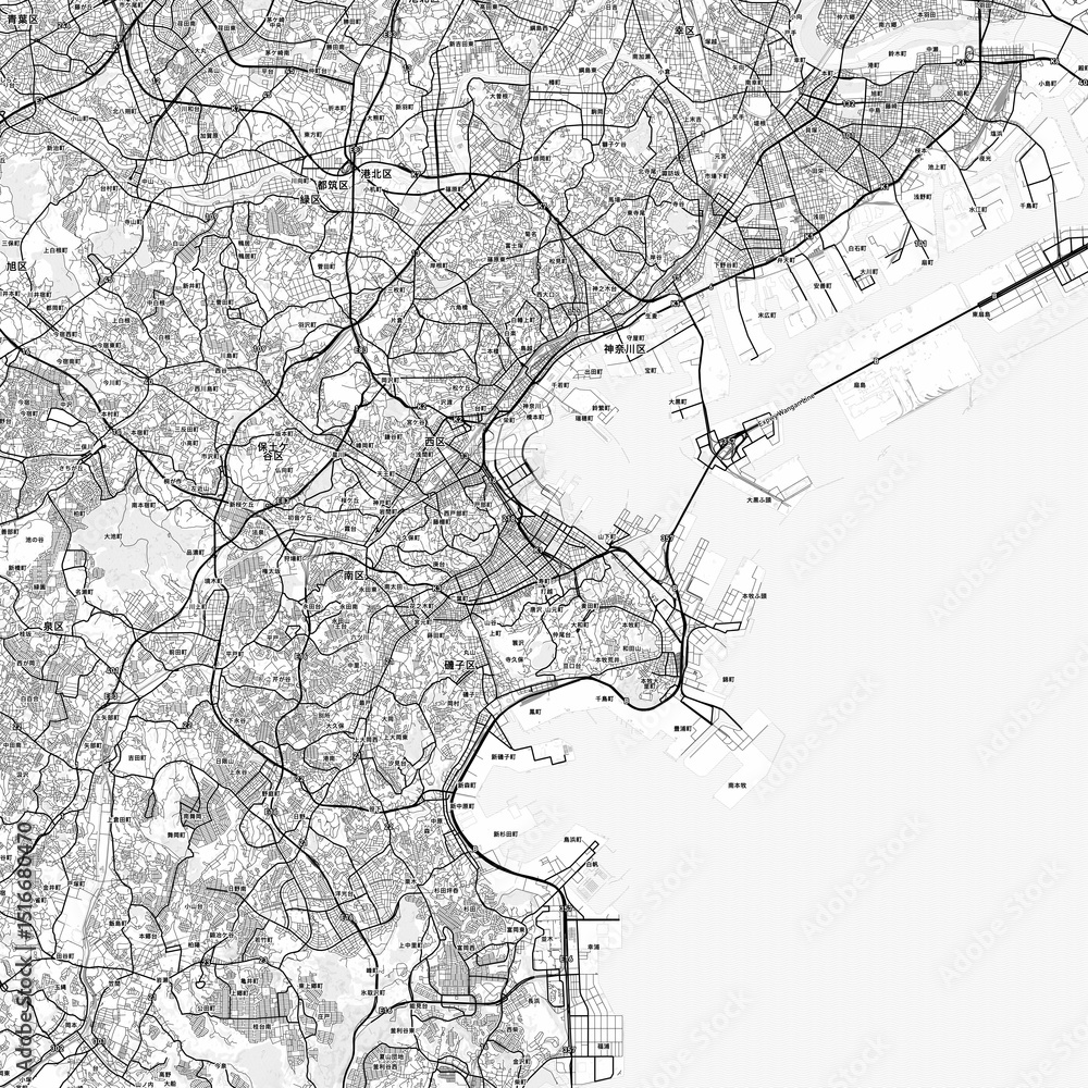 Fototapeta premium Yokohama Area Map with Labels and Neighborhoods - One color, minimalistic design