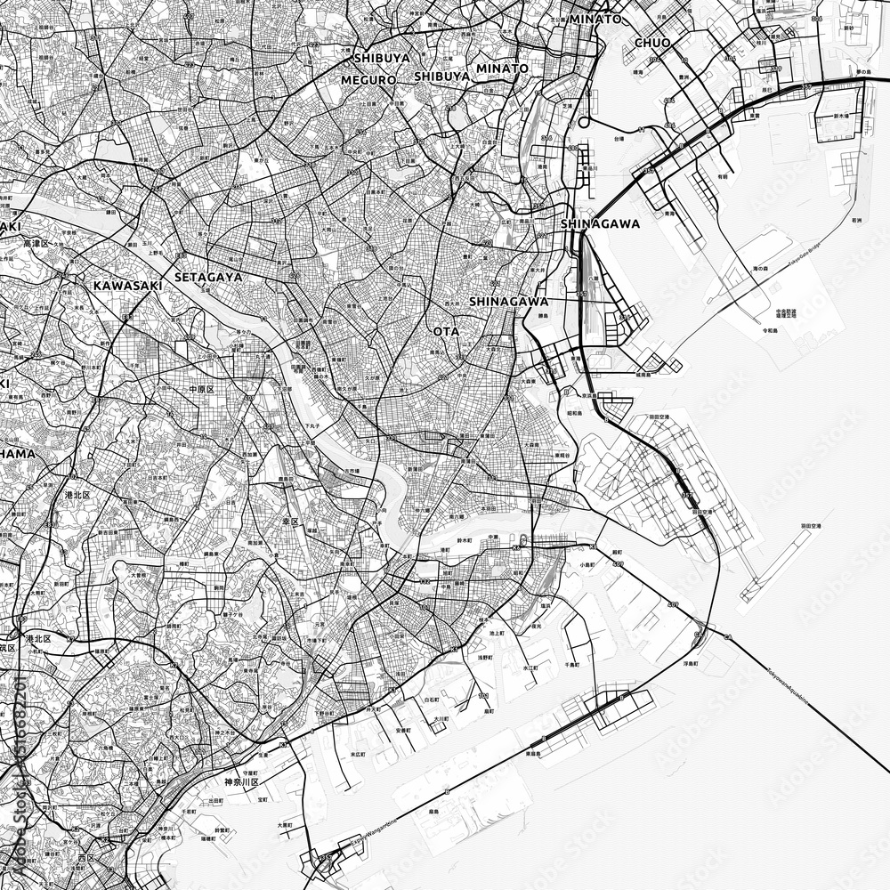 Ōta Area Map with Labels and Neighborhoods - One color, minimalistic design Ōta Area Map with Labels and Neighborhoods - One color, minimalistic design