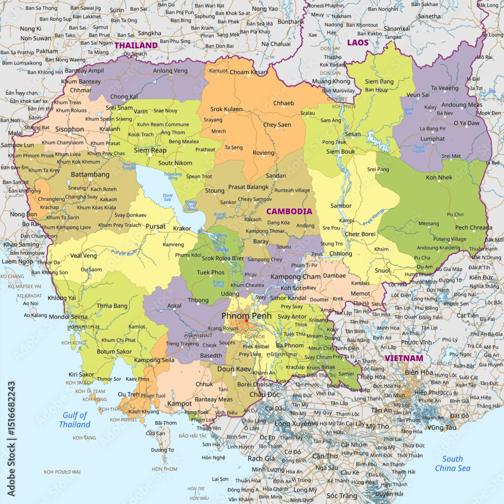 Fototapeta premium Detailed political map of Cambodia