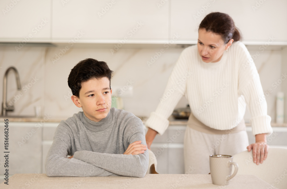 Obraz premium Mother and son arguing, son is upset and unhappy