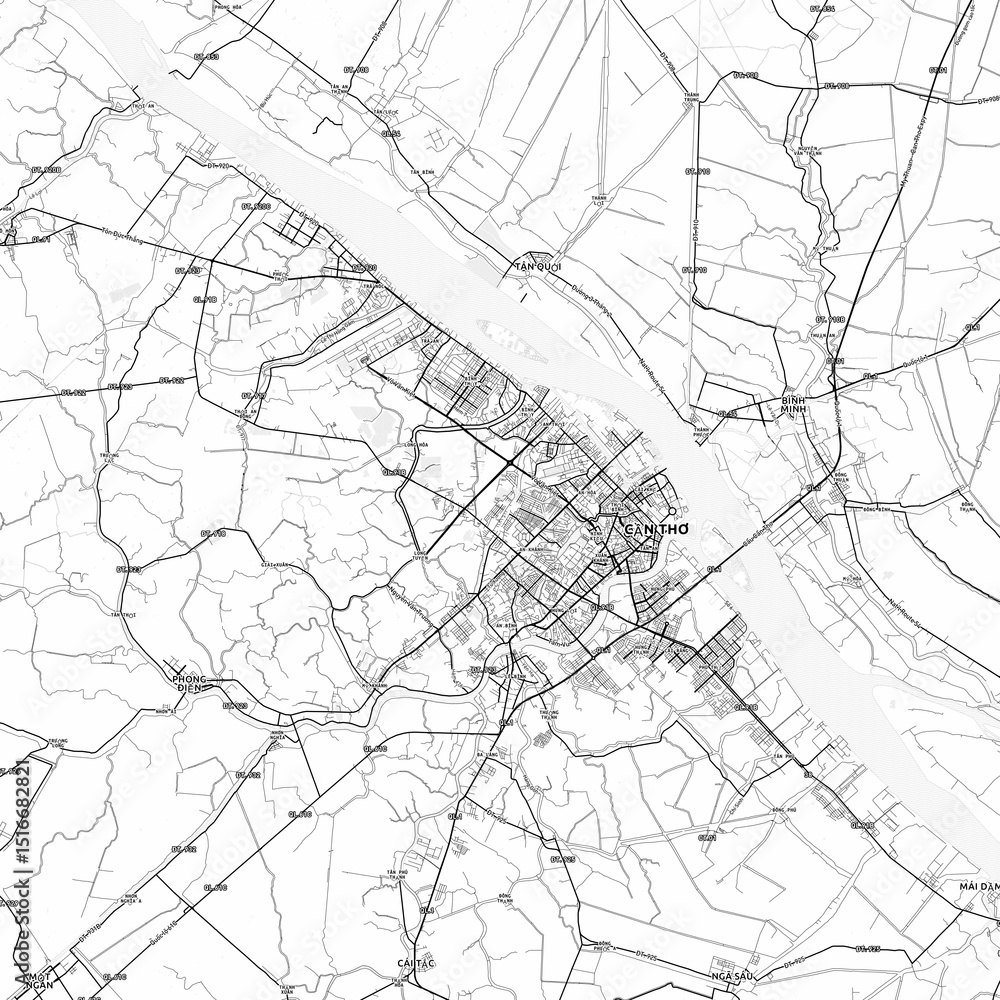 Fototapeta premium Cantho Area Map with Labels and Neighborhoods - One color, minimalistic design