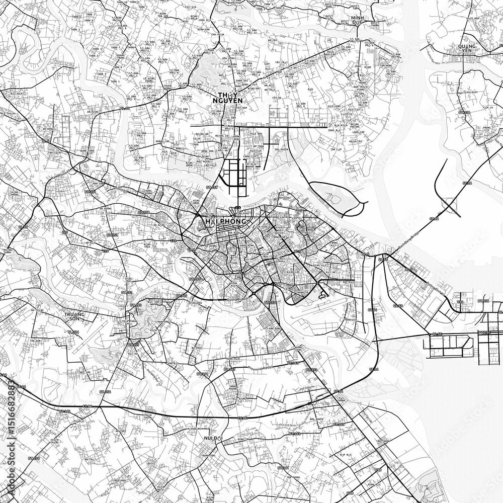 Fototapeta premium Haiphong Area Map with Labels and Neighborhoods - One color, minimalistic design