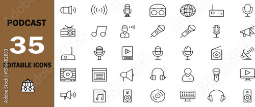 "Set of Simple and Recognizable Icons Depicting Podcasts, Audio Streaming, Microphones, Headphones, and Voice Communication for Easy Identification and Enhanced Media Experience"